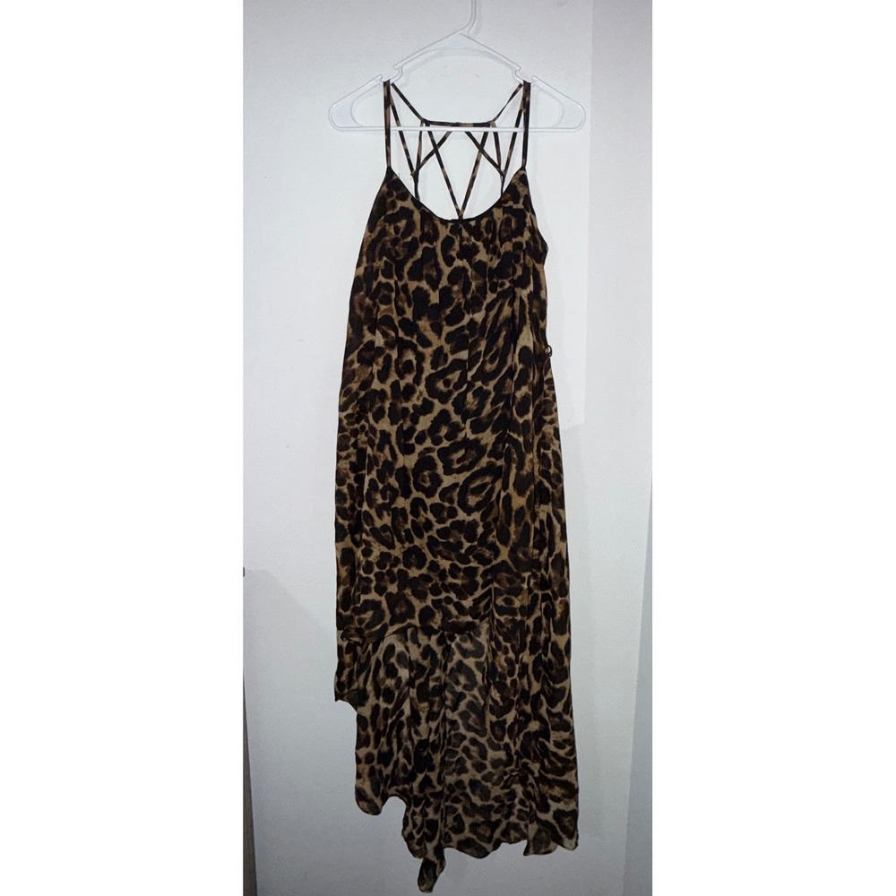 Fora Leopard Print High-Low Dress Strappy Cage Back Brown Black Animal Print, S